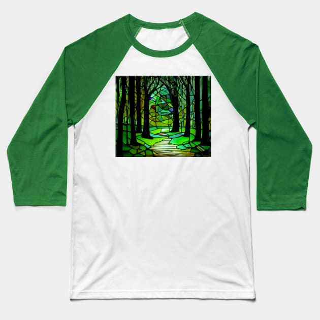 Stained Glass Forest Design Colorful Trees Landscape Baseball T-Shirt by Aurora X